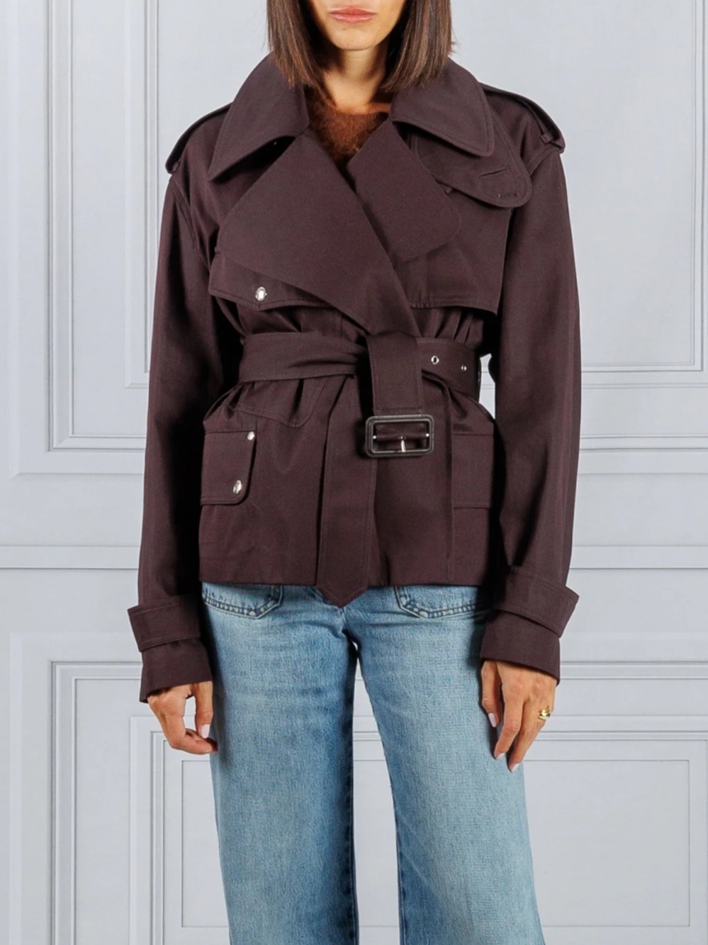 Stella McCartney belted short trench jacket in chocolate